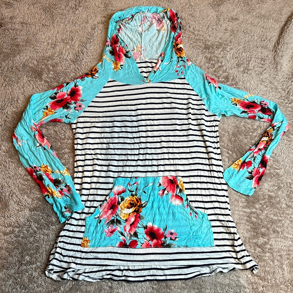 Luna Long Sleeve Hooded Shirt Floral & Stripes